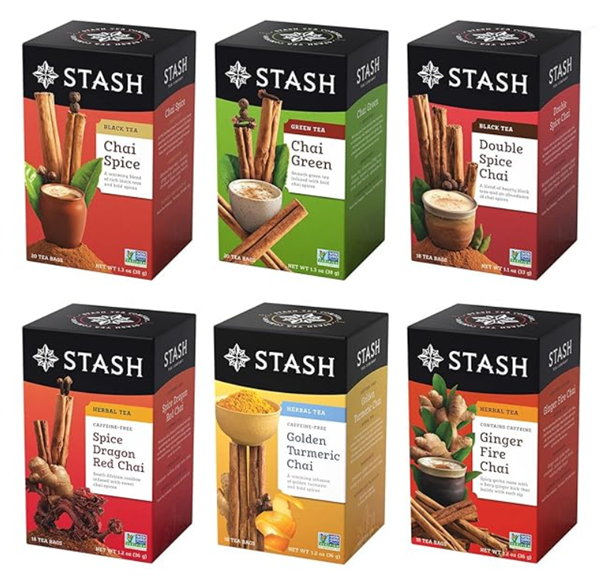 Chai Variety Pack Teas from Stash, 6 boxes of 18-20 sachets each: chai spice, chai green, and double spice, spice dragon, golden turmeric, ginger fire caaffeinated chai teas. Premium product, non-GMO, no artificial ingredients