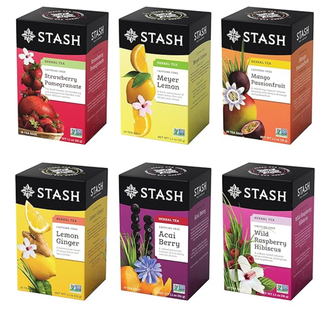 Fruity herbal teas from the brand Stash. The set includes 6 boxes of 18-20 tea bags each: strawberry pomegranate, Meyer lemon, mango passionfruit, lemon ginger, acai berry, wild raspberry hibiscus