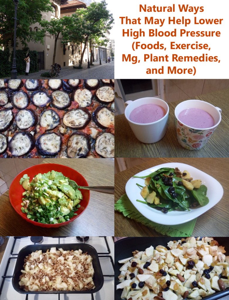 Collage with foods that may help lower high blood pressure, and an urban scene to point to exercise and weight loss
