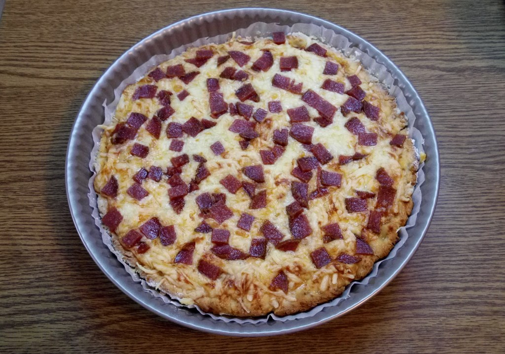 Cheesy gluten-free pepperoni pizza, right out of the oven