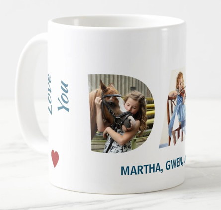 Love you Dad photo mug (with 3 custom photos in see-through, transparent DAD letters)