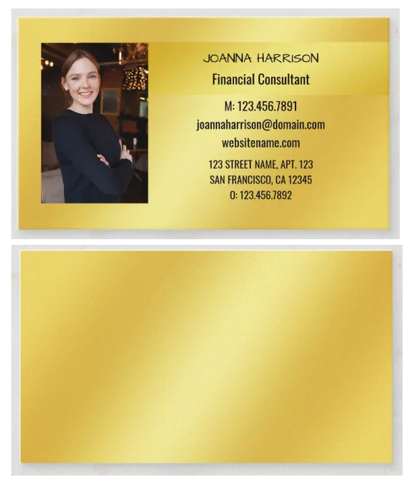 Elegant photo business card, shimmery golden background, horizontal, name in cursive script