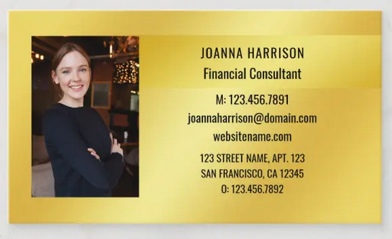 Stylish, elegant minimalist photo business card on a shimmery gold background, horizontal