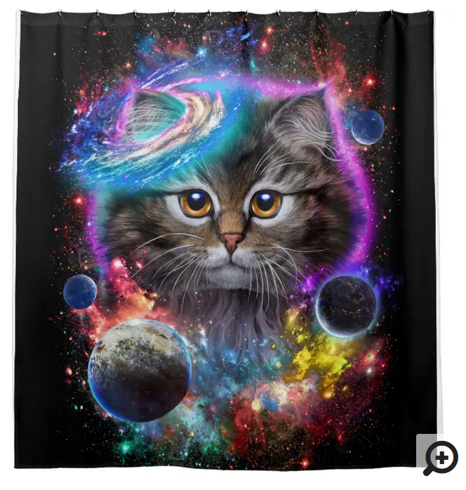 Cat in outer space in a colorful galaxy, among planets