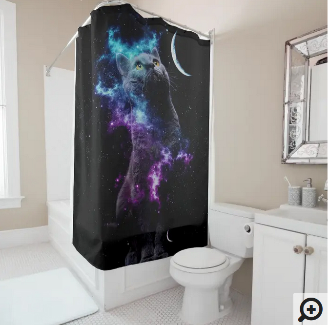 Gray cat in outer space looking at the moon