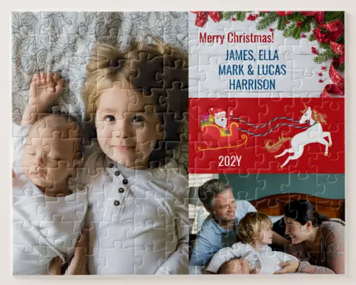Family photos with a newborn, Santa and a unicorn, and Christmas decoration in an easy, 110-piece puzzle