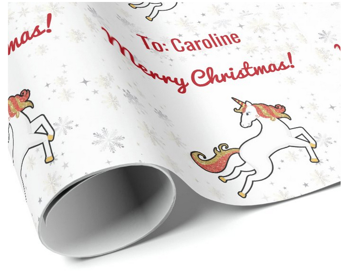 Christmas gift wrap with unicorn, Merry Christmas, a name to be personalized