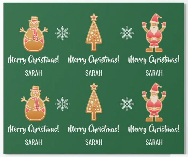 Green gift wrap with gingerbread snowman, tree, and Santa, with "Merry Christmas" and a custom name