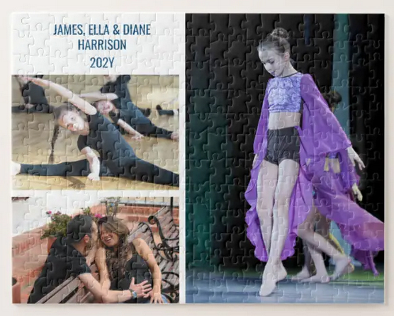 Family photo collage on a puzzle, unique holidays gift showcasing children's hobbies; 11" x 14", 252 pieces