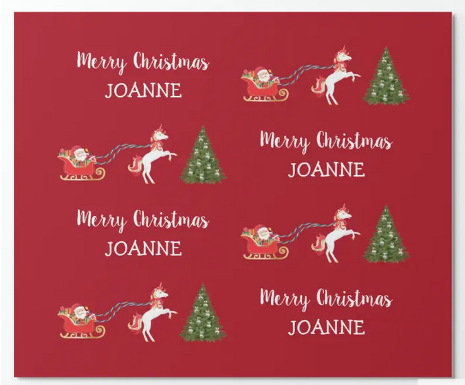 Minimal gift wrap, with Merry Christmas, name, trees, and Santa with unicorn