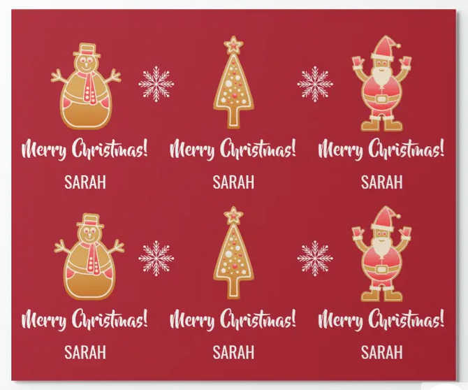 Red gift wrap with gingerbread figurines, the "Merry Christmas" greeting, and a name
