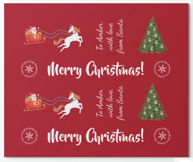 Minimalist personalized red wrapping paper with Merry Christmas, decorated tree, Santa with unicorn