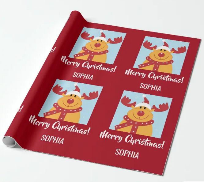 Red Christmas wrapping paper roll with Rudolph, Merry Christmas, and a name