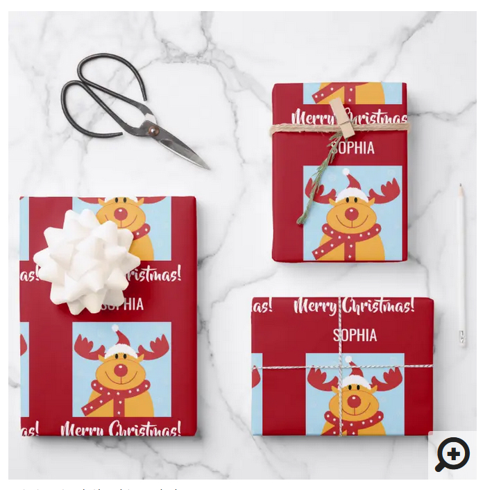 Gift wrap pre-cut sheets with Rudolph, Merry Christmas, and a custom name