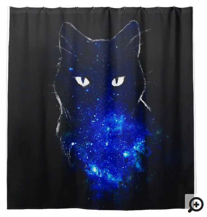 Spooky black cat in cosmos, its body shiny with blue nebulae