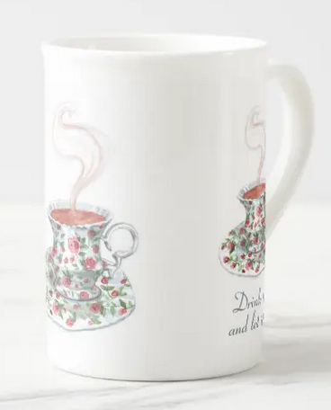 Bone china mug with a tea slogana nd a vintage cup with red roses