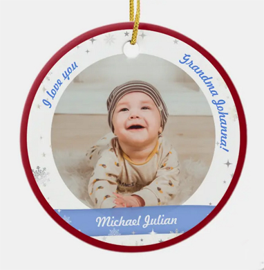 Newborn baby boy photo ornament, Christmas keepsake for his grandfather. Customizable. With snow and stars and a festive red edge