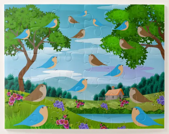 Flower meadow puzzle, with two trees and lots of birds, for ages 4 and above (30 large pieces)