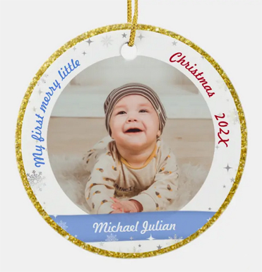 Elegant First Christmas customizable ornament keepsake, new baby boy, 2 photos, snowflakes and stars, simulated gold glitter frame. With name and date of birth.