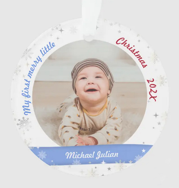 Fancy First Christmas new baby boy ornament keepsake, snowflakes and stars. On acrylic, with elegant white ribbon. Personalize with 2 photos, name, and d.o.b.