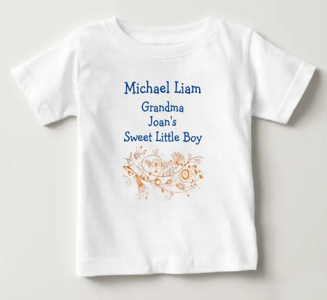 Personalized new baby boy T-shirt from his grandmother with both their names and "sweet little boy" + a whimsical drawing of hearts and flowers