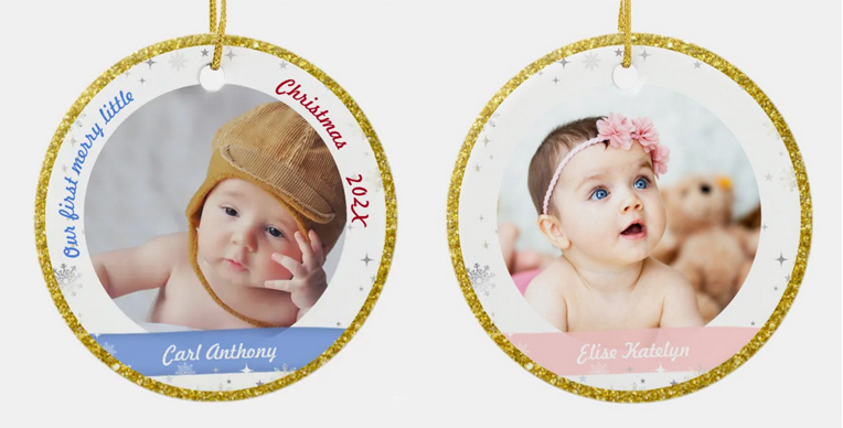 Elegant My first Christmas photo ornament for twin boy and girl. With blue and pink colors, snowflakes and stars, and a golden frame. Personalize with two images and names.