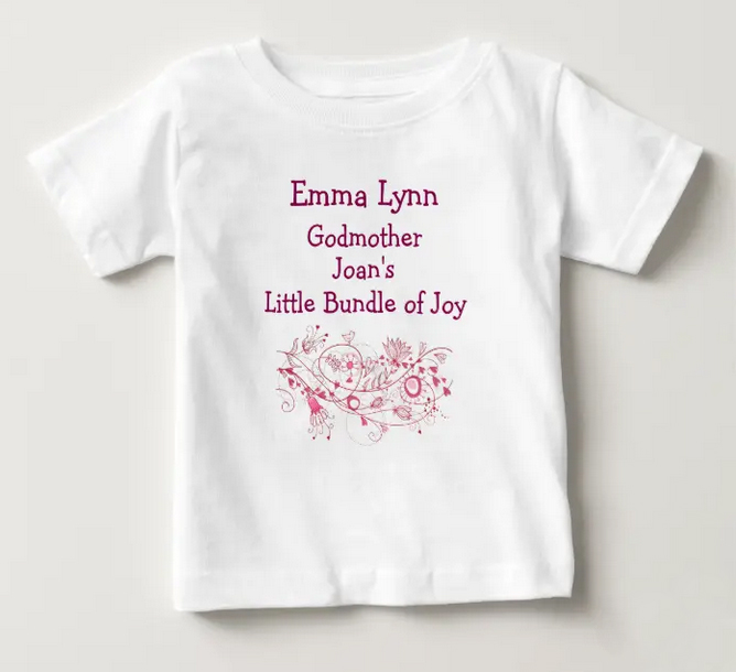Personalized new baby girl tee with her name and Godmother's and little bundle of joy. With cute, pretty illustration with hearts and flowers