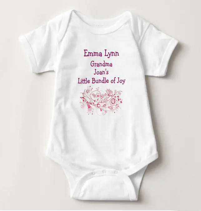 "Little bundle of joy" baby girl bodysuit from a nana, personalized with baby's and grandma's names. With cute hearts and flowers