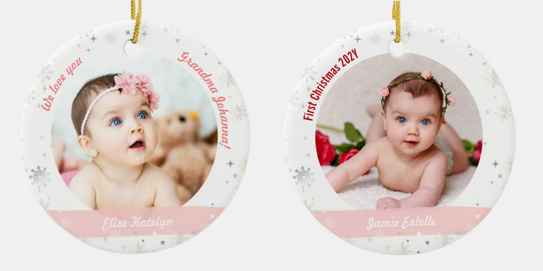 We love you grandma Christmas photo ornament, customizable, for newborn twin girls. With snow and stars