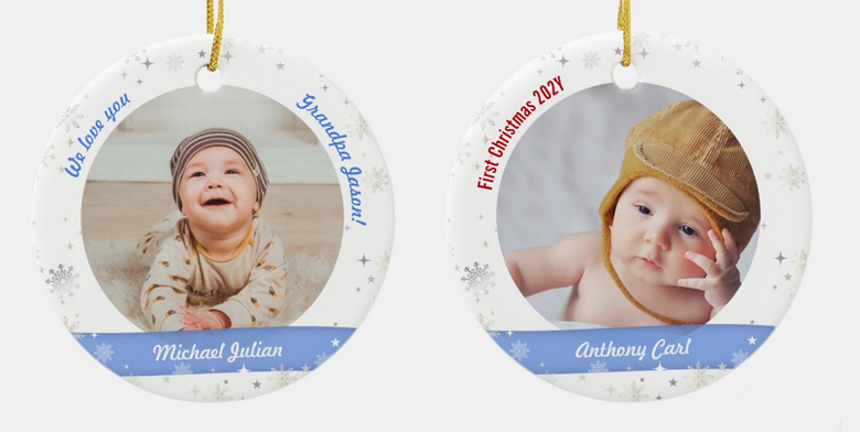 Twin boys First Christmas photo ornament for their grandpa, with snowflakes and stars. Personalize 3 names and year