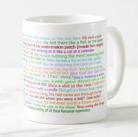Quirky humor mug with 43 funny Romanian expressions