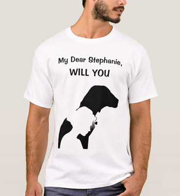 Softly humorous will you marry me tee, showing a large-breed dog and a woman, front