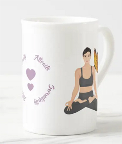 Tea mug with the slogan Serenity attracts serendipity + yoga girl with butterfly
