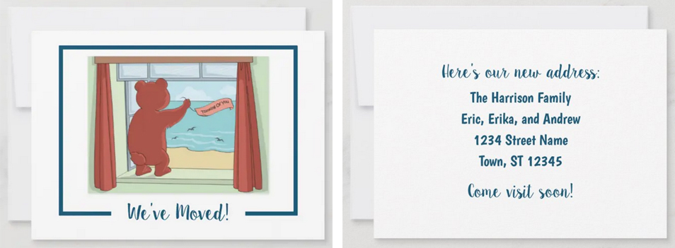 New address announcement card with a cute teddy bear holding a "Thinking of you" banner