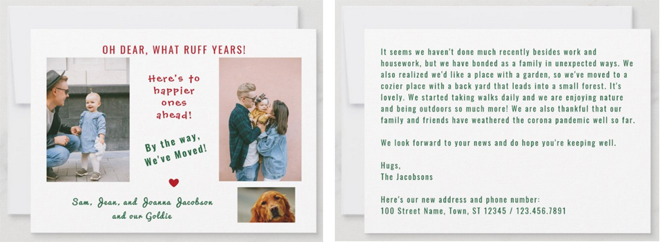 Funny oh dear, ruff years new home announcement card, with 3 photos and a letter