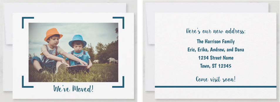 Minimalist new home announcement card with one large photo