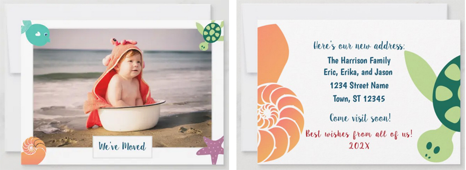 Cute and artsy new home at the beach announcement with a photo and illustrations of a fish, turtle, nautilus shell, and starfish