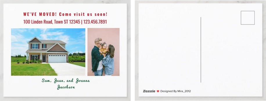We've moved, come visit postcard with a photo of the new home and another one with the family