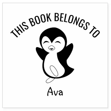 Book stamp for kids with baby penguin and a personalized name 