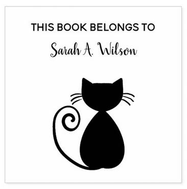 Book rubber stamp with a chic, elegant cat and a personalized name