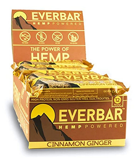 Everbar gluten-free bars with hemp, sesame, and sunflower seeds, plus ginger, cinnamon, coconut, tapioca syrup and honey