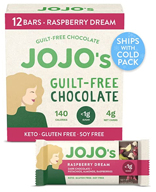 Jojo's raspberry chocolate bars, gluten-free, with almonds, pistachios, and hemp