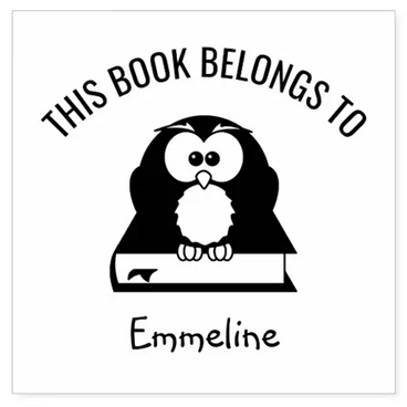 Ex libris book stamp with an owl perched on a book and a personalized name
