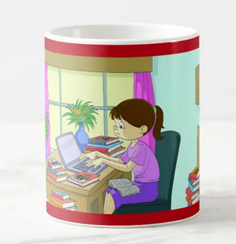 Funny and cute woman researcher typing at laptop. Books strewn everywhere. Customizable mug reads, "Congrats on your Master's degree!"