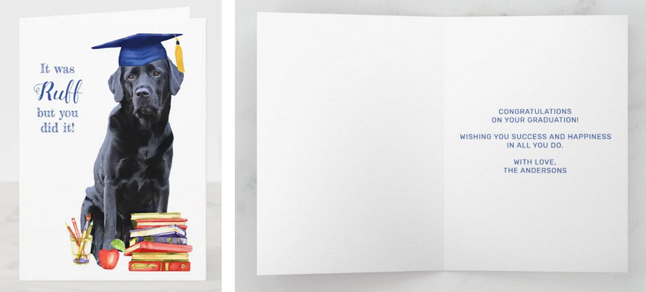 Congratulations on graduation card with a cute dog wearing a blue mortarboard cap