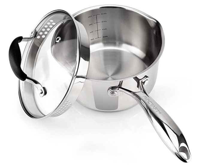 Quality stainless-steel saucepan from Avacraft, with a glass lid