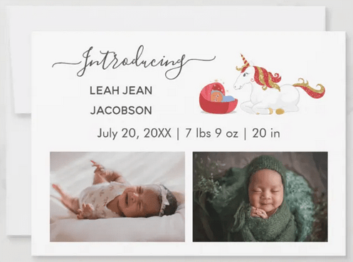 New baby announcement card for a pale-hazelnut-skinned Brown baby, with drawing of kneeling unicorn next to newborn in bassinet and 2 customizable photos