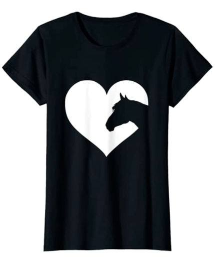 Black T-shirt for lovers of horses (for girls and women). Has a dark horse entering the space of a white heart