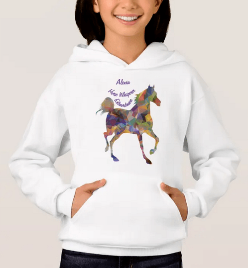 Quality sweatshirt for equestrians and other horse lovers, with an image of a horse and the words "Horse Whisperer Extraordinaire" along with a personalized name