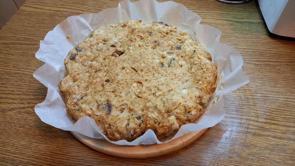 Banana bread, round-shaped, out of the oven
